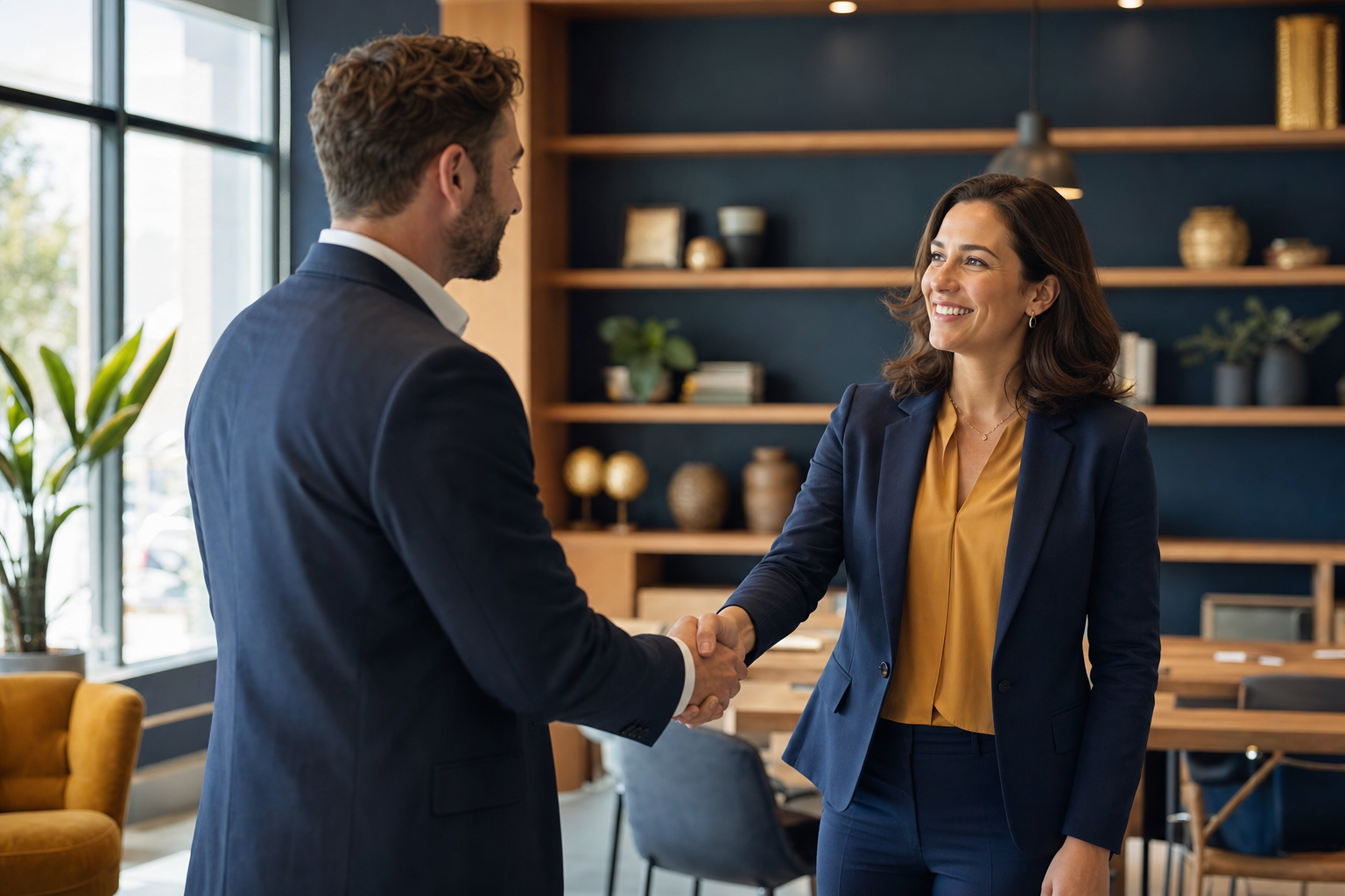 Business partnership handshake in a modern office
